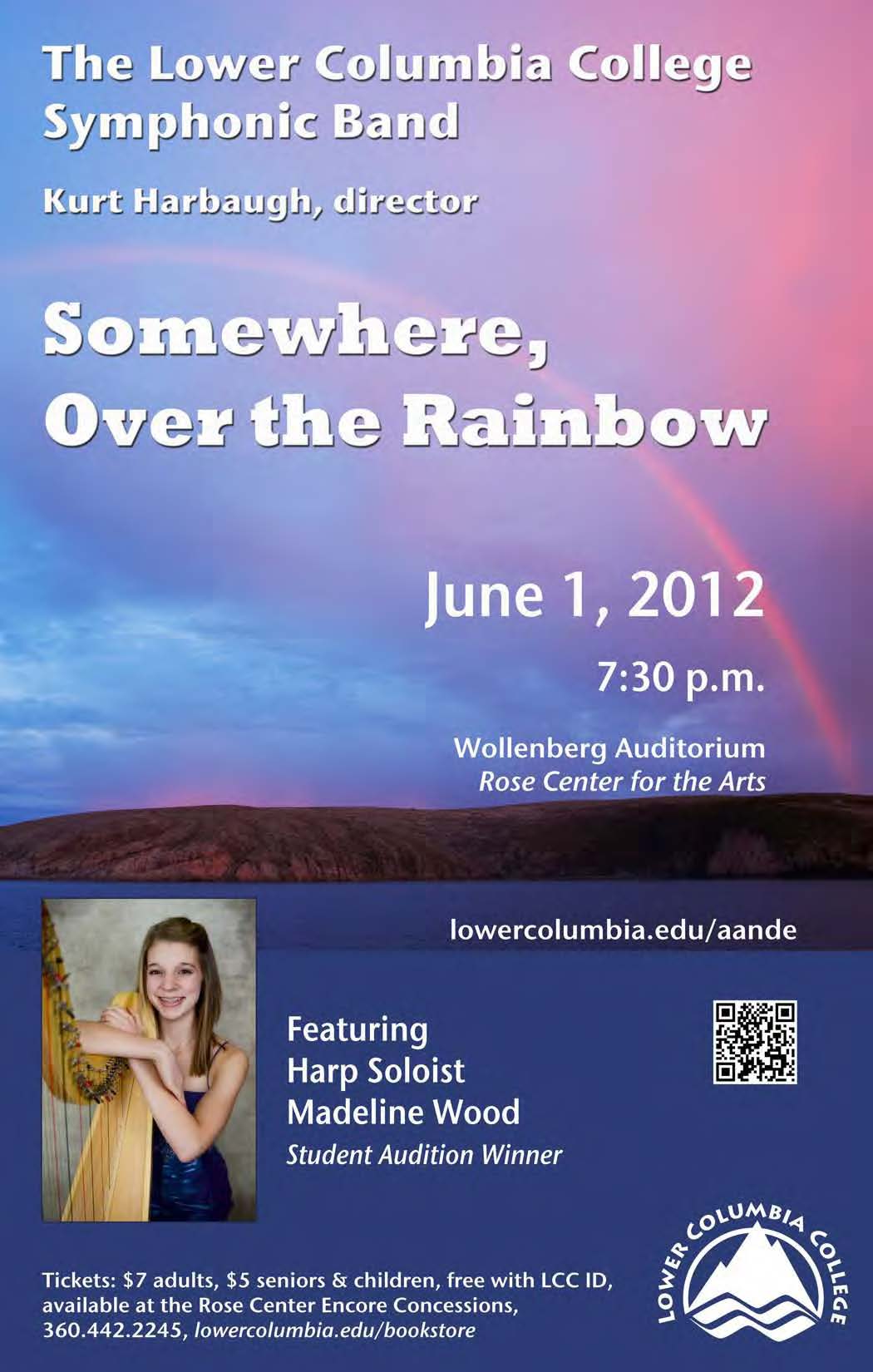 The LCC Symphonic Band Somewhere Over the Rainbow depicting a headshot of  Madeline Wood next to a harp and a background of a rainbow across the sky.