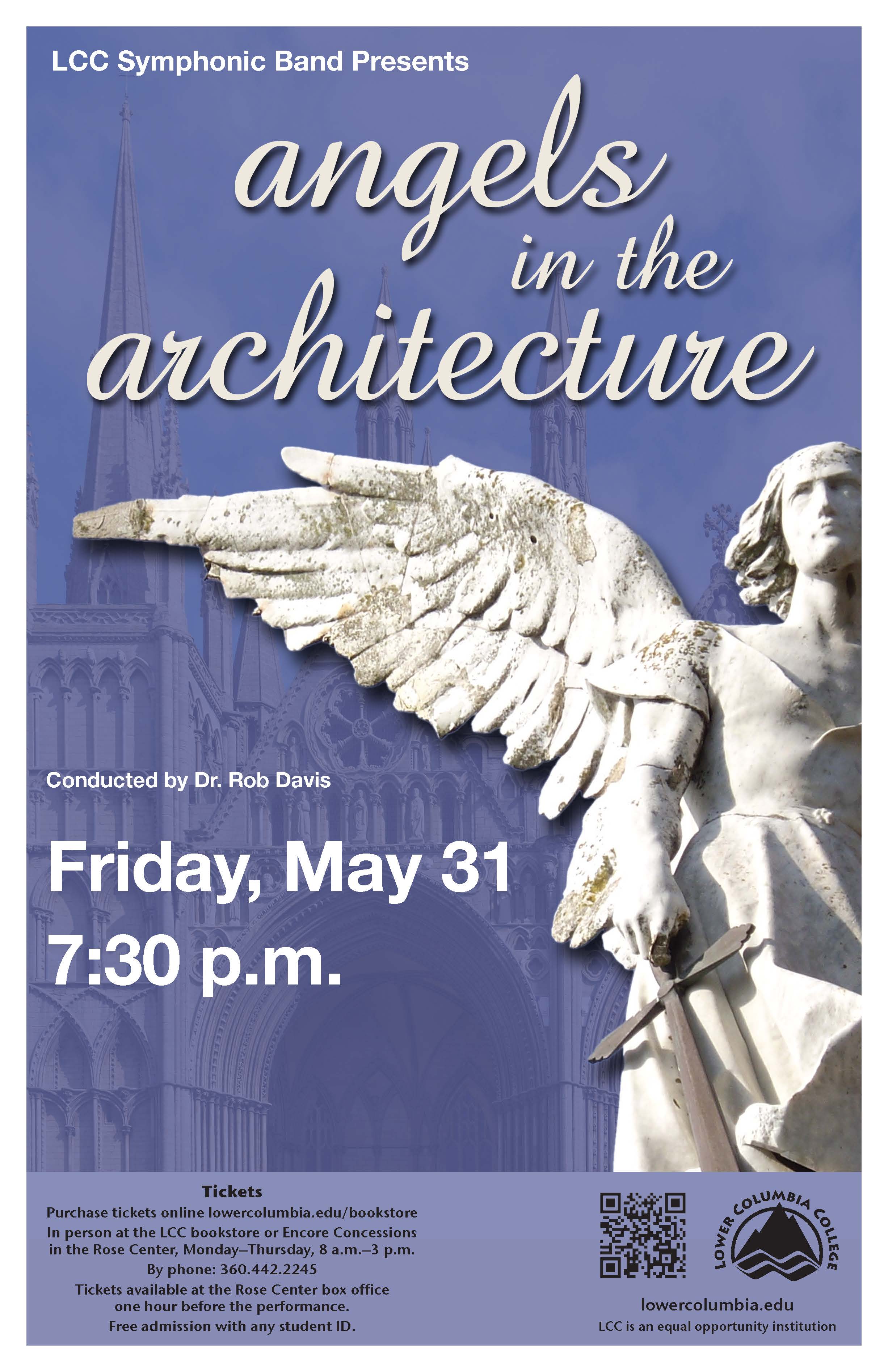 LCC Symphonic Band Presents Angels in the Architecture concert poster depicting a statue of an angel with a gothic architecture building in the background.