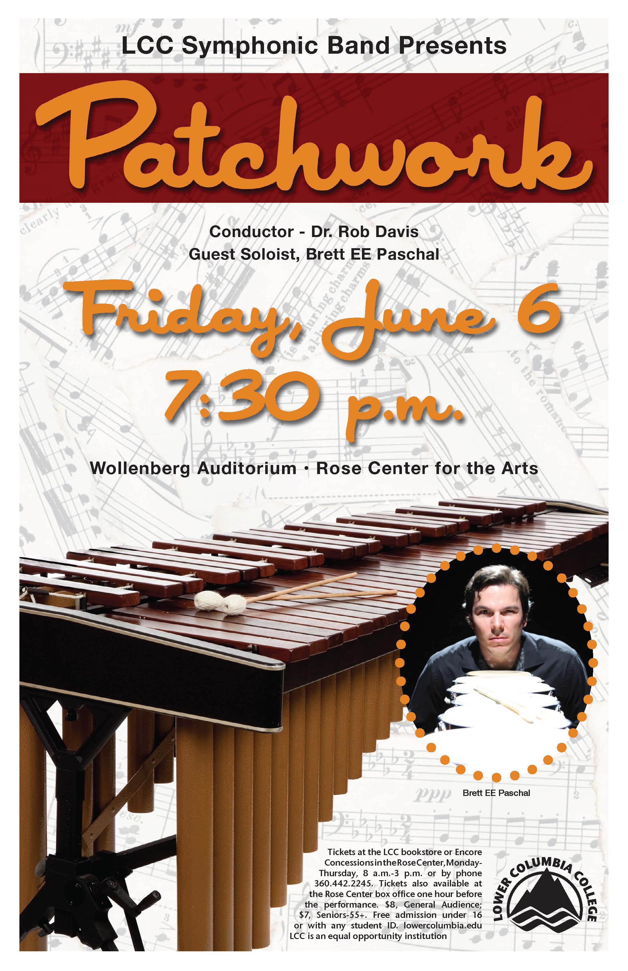 Patchwork concert poster depicting many scraps of sheet music on top of each other.