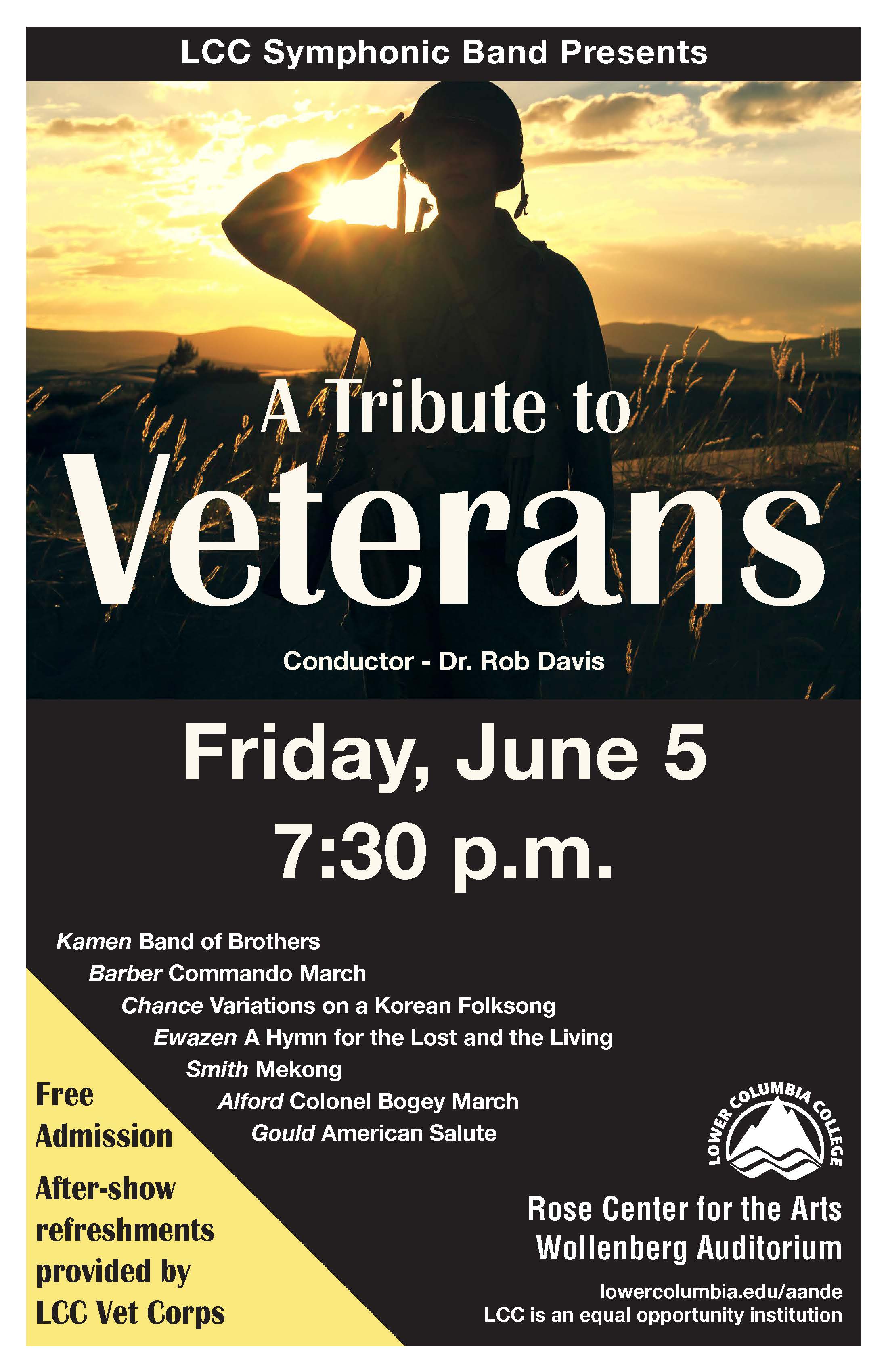 LCC Symphonic Band presents A Tribute to Veterans concert poster depicting a soldier saluting at golden hour.
