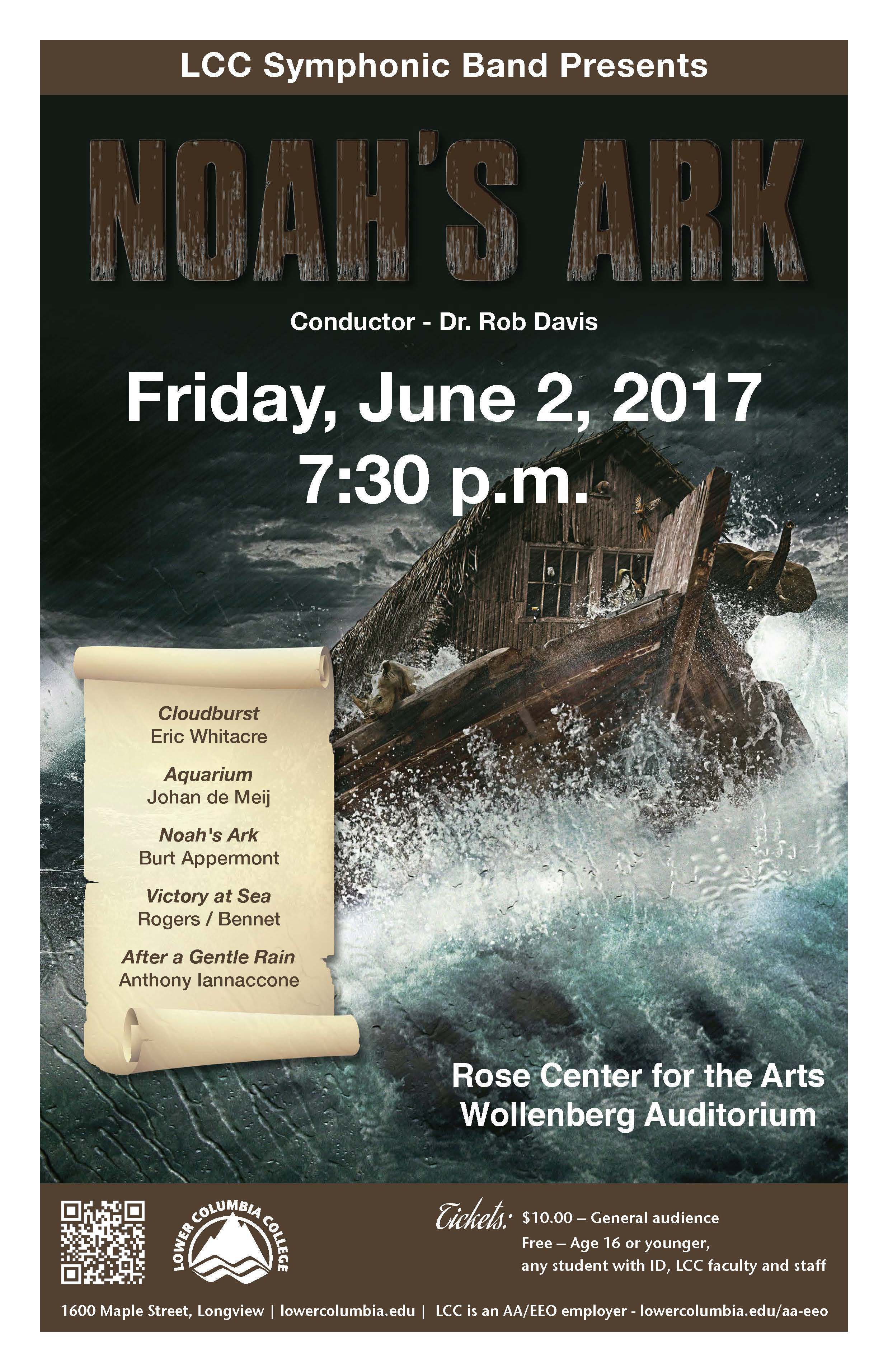 Noah's Ark concert poster depicting surf breaking on the bow of a wooden boat with a thatched roof barn on it. Various birds and a rhino can be seen on the deck.