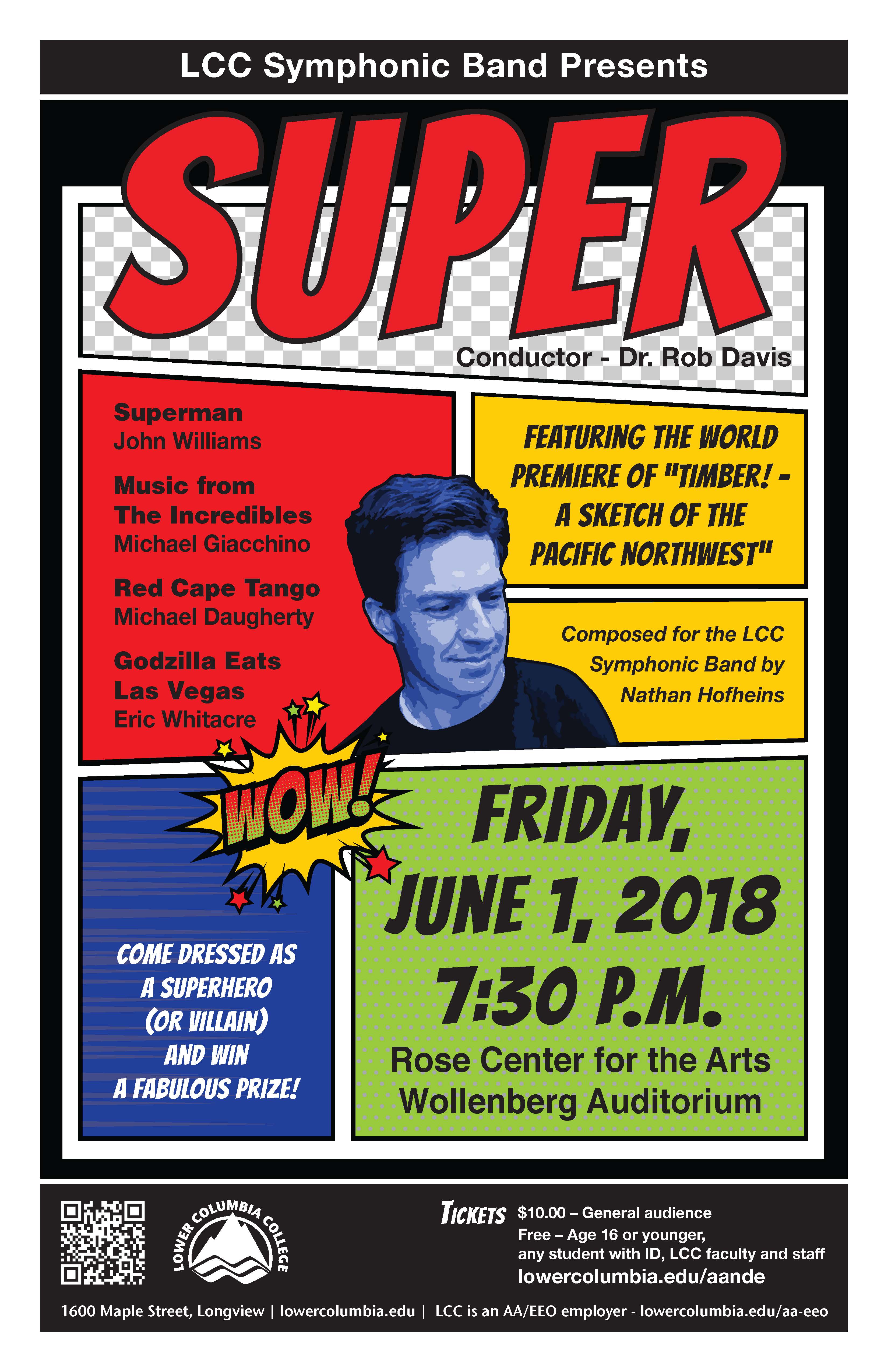 Super concert poster depicting Nathan Hofheins with comic panels and the word WOW! in the background.