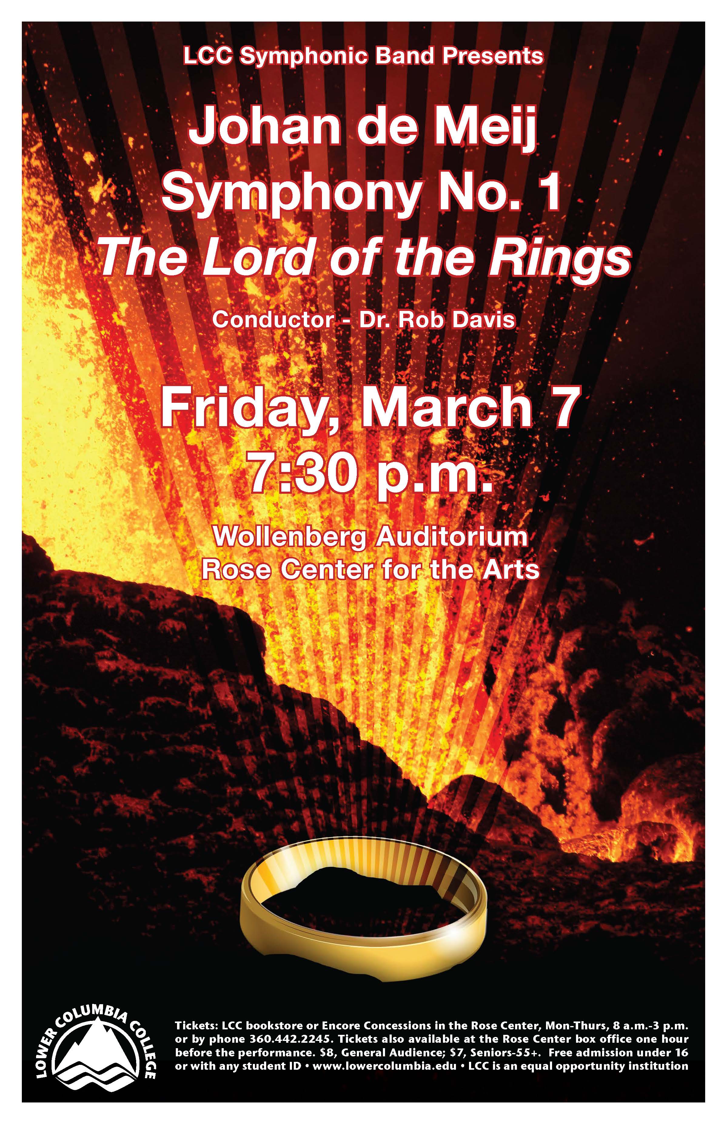 LCC Symphonic Band Presents Johan de Meij Symphony No. 1 The Lord of the Rings concert poster depicting a gold ring on a volcanoe's edge.