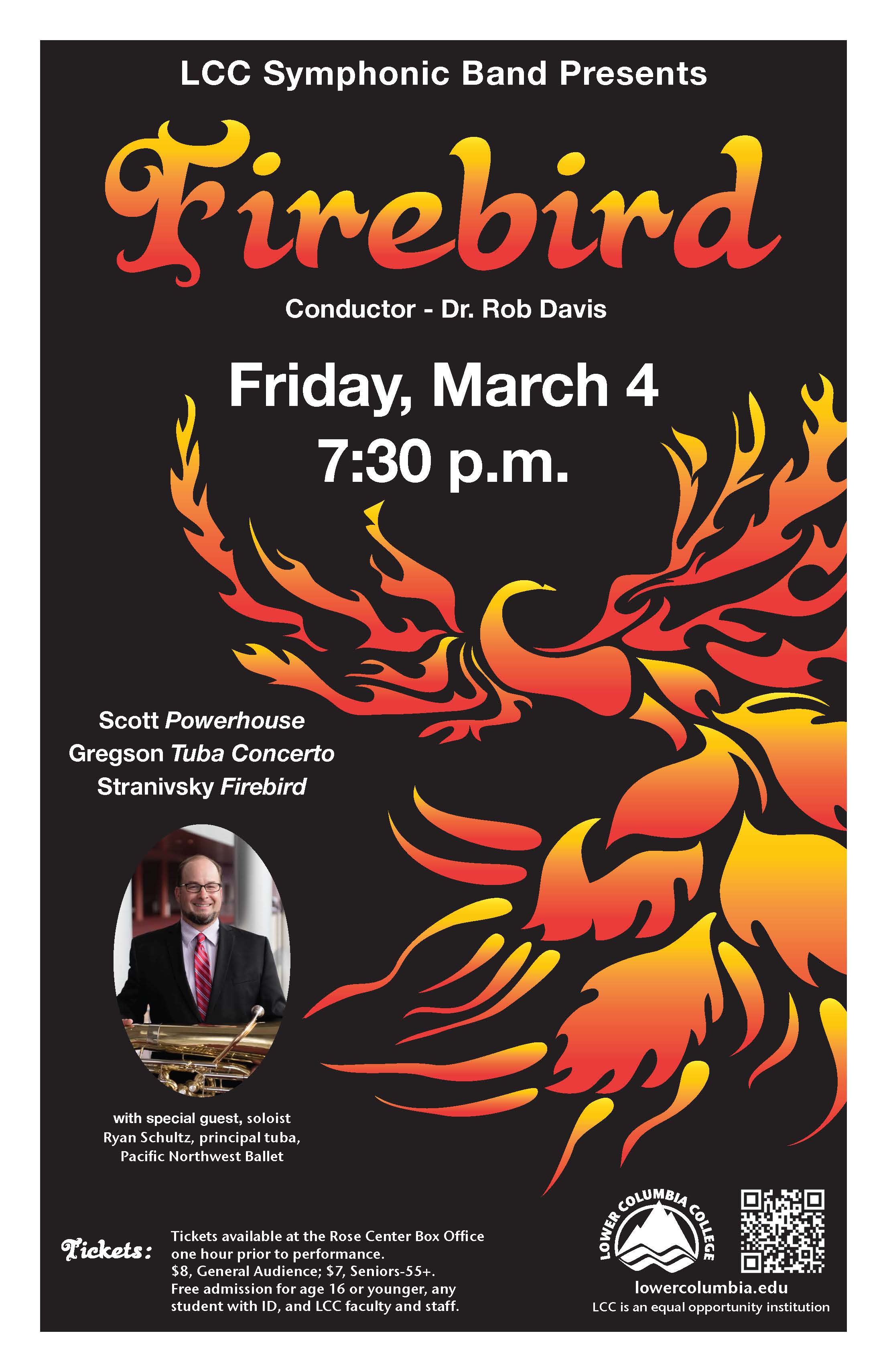 Firebird concert poster depicting a pheonix and a headshot of Ryan Schultz holding a tuba.