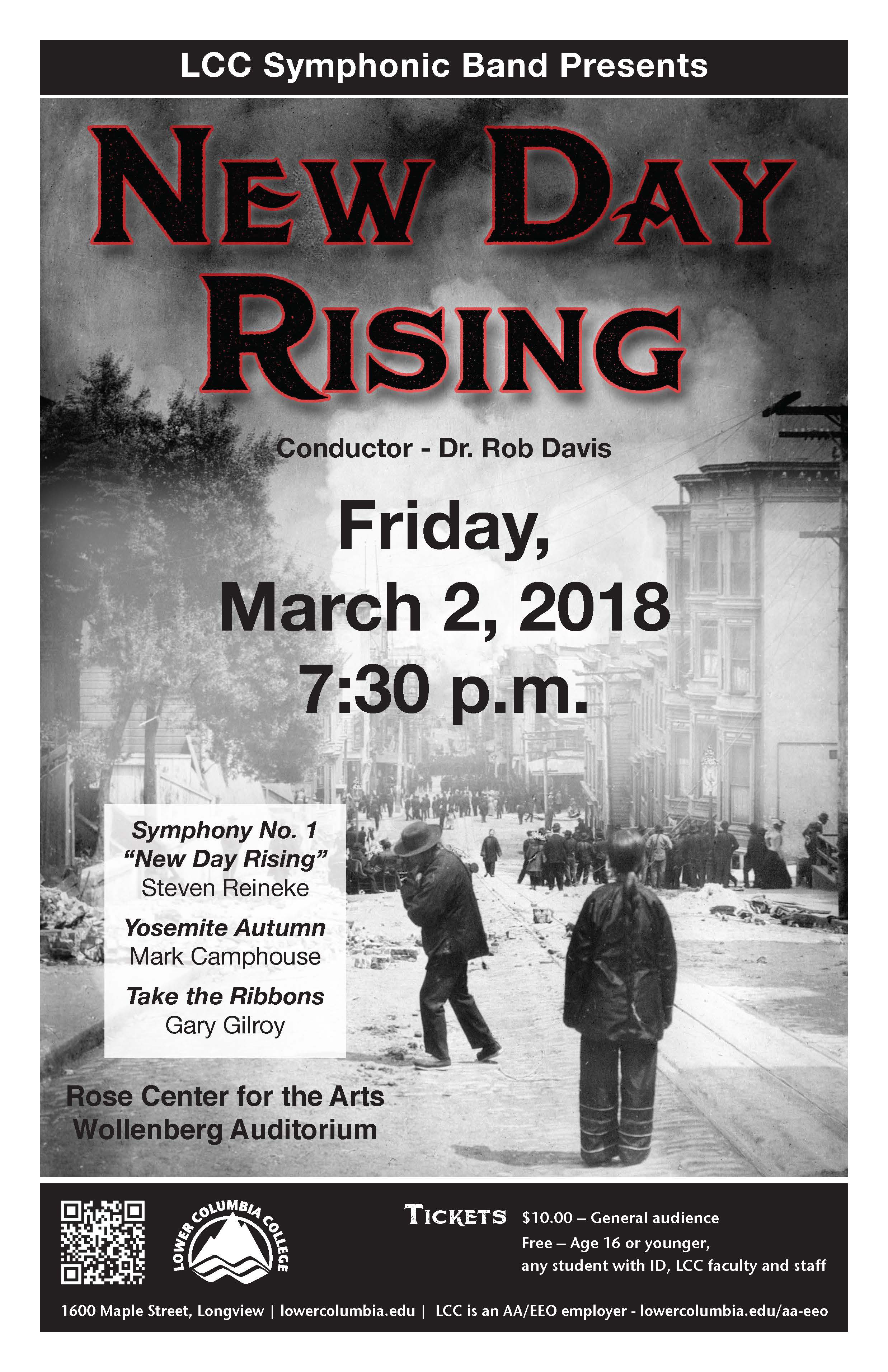 New Day Rising concert poster depicting a black and white photo of a child looking down the crowded street at smoke coming from a building.