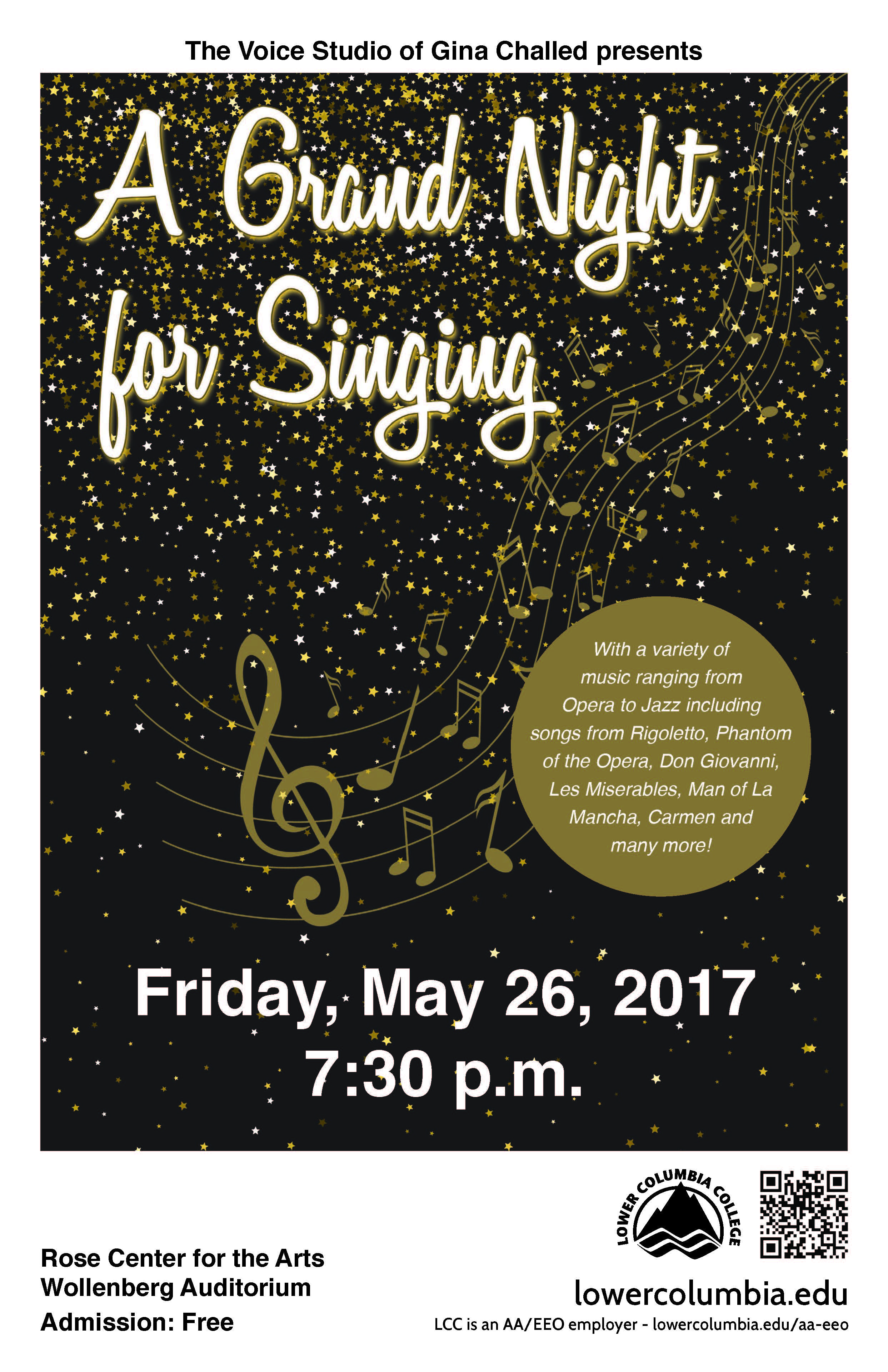 A Grand Night for Singing Spring 2017 concert poster depicting a swirling music staff and many stars.