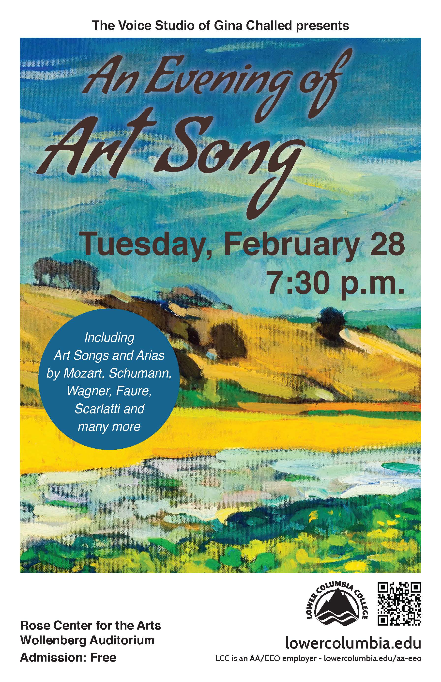 An Evening of Art Song Winter 2017 concert poster depicting an abstract oil painting of a river.