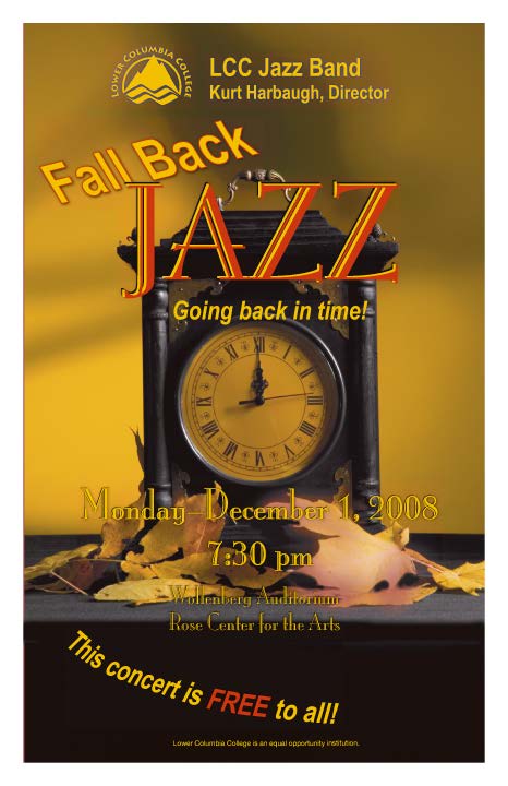 Fallback Jazz Concert Poster. "Going back in time!" a clock on a table surrounded by fallen leaves