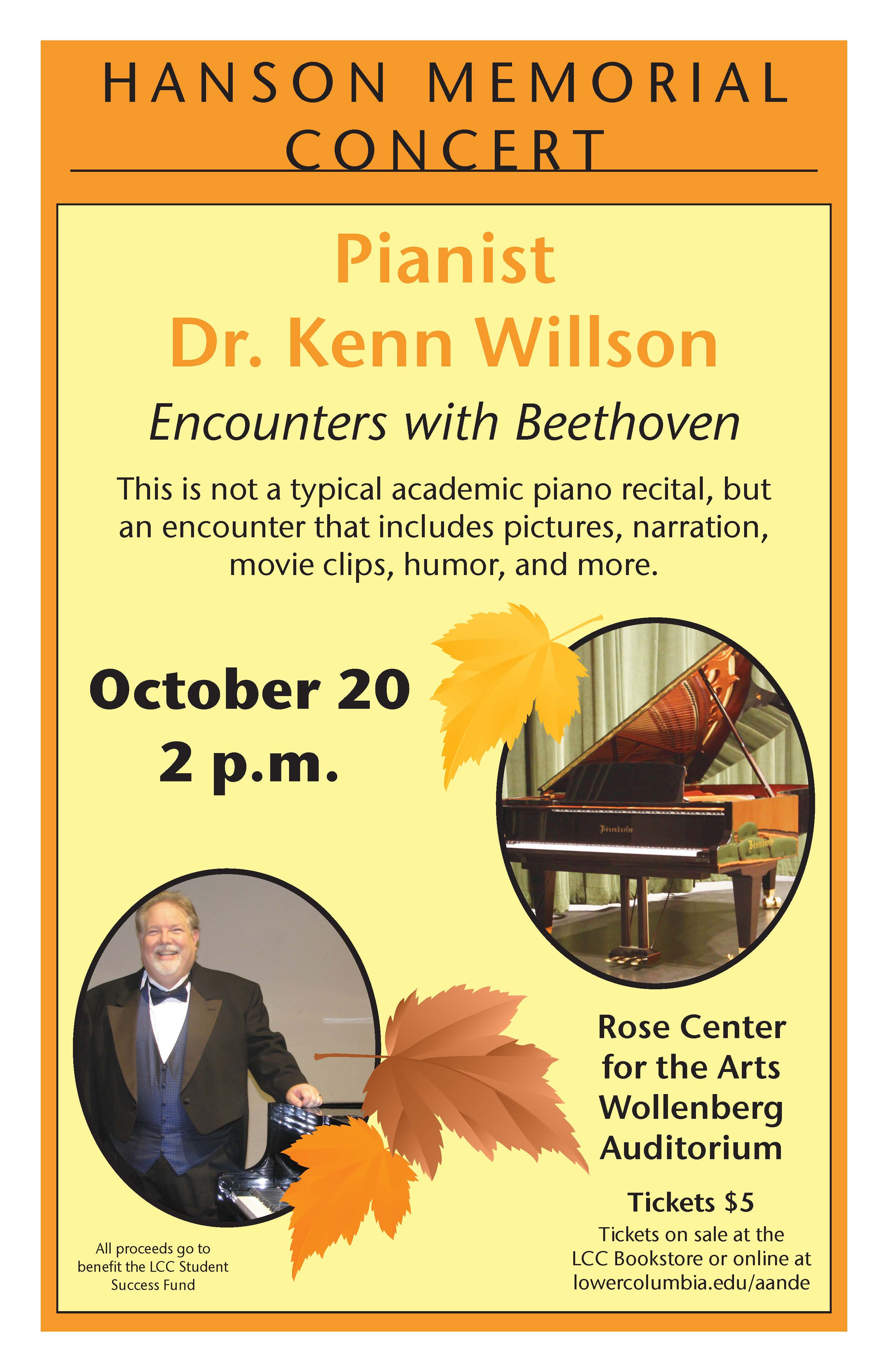 Hanson Memorial Concert: Encounters with Beethoven concert poster depicting a headshot of Dr. Kenn Willson and a piano surrounded by autumn leaves.