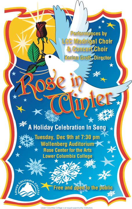 Rose in Winter concert poster depicting a white dove flying through the snow holding a red rose in its beak.