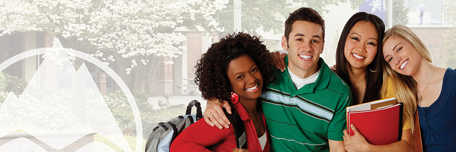 students standing together with running start logo in background