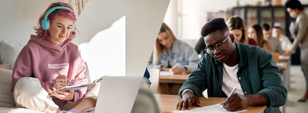 caucasian female sitting on a bed with headphones looking at laptop, african american male working on school work at desk