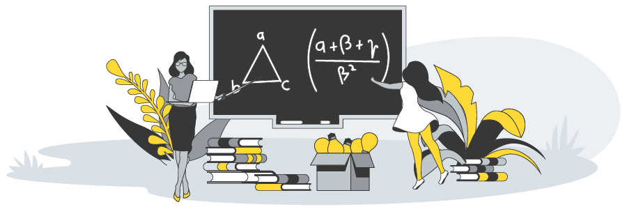 drawn graphic of women teaching and writing math equation on chalk board with books and plants on the floor